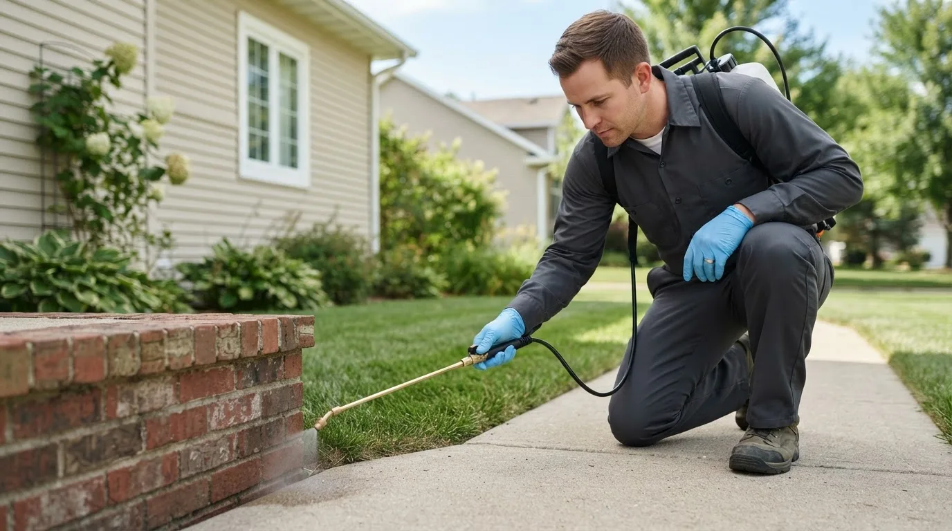 Pest control technician treating a home near Swedesburg, IA