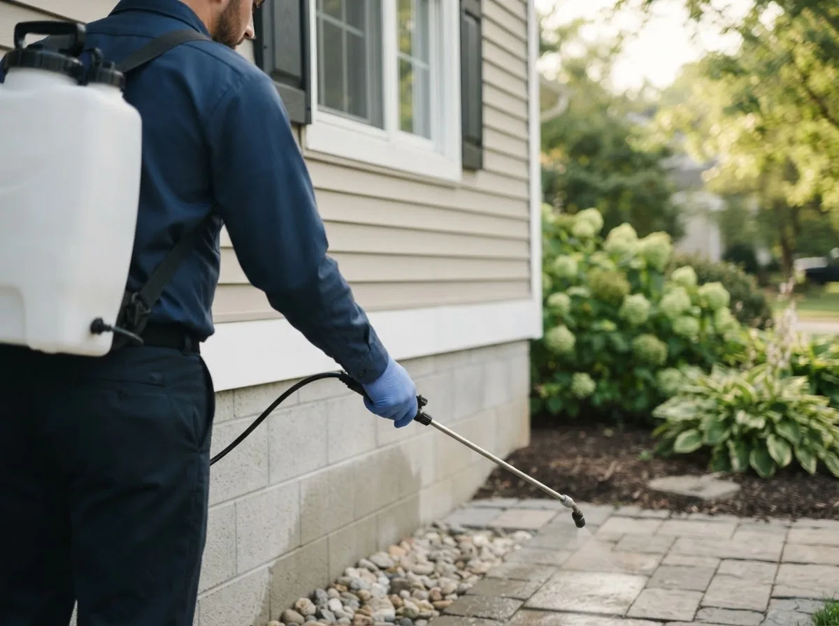 Pest control technician inspecting a home in Swedesburg, IA